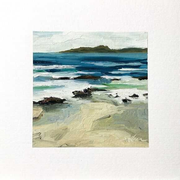 8x8 Original Oil Painting Seascape New England Coastal Beach Rocks Waves Signed